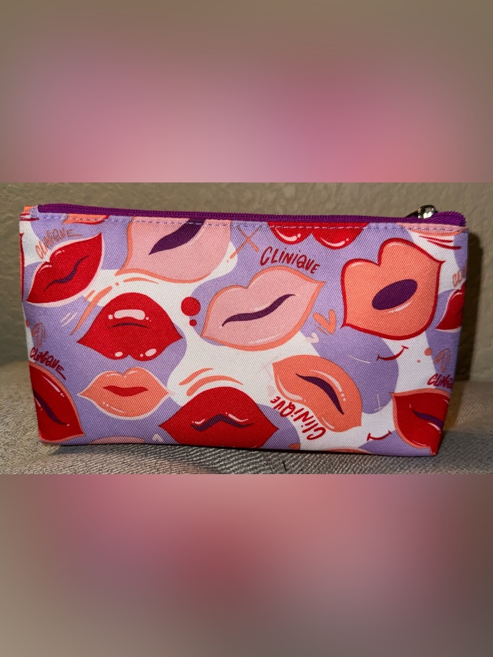 Clinique Lip-Print Cosmetic Pouch in Pink, Red & Purple